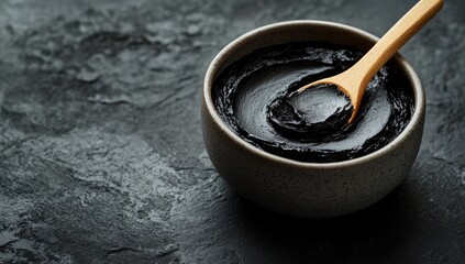 Dark cosmetic paste in a bowl on a dark surface