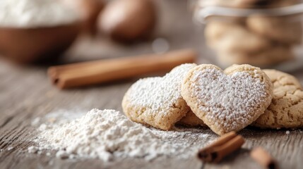 Delicious heart-shaped cookies dusted with powdered sugar, accompanied by flour and cinnamon sticks, symbolizing love, care, and the joy of baking in a cozy kitchen atmosphere.