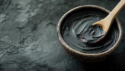 Dark charcoal face mask in bowl with wooden spoon