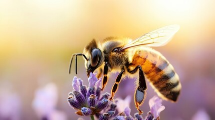 A close-up of a bee delicately pollinating vibrant lavender flowers, embodying the beauty of nature, the importance of pollinators, and the tranquility of a sunset-lit garden.