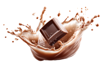 Chocolate square splashing into creamy liquid