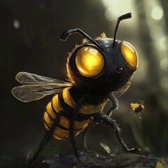 Cute, glowing bee in forest setting