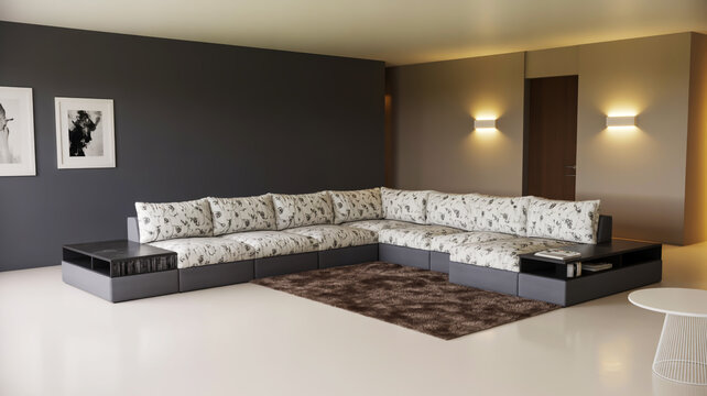 A modern living room interior with a large L-shaped sectional sofa upholstered in a white and gray floral pattern fabric