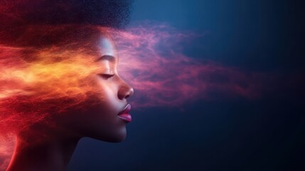 An artistic representation of a woman's profile, enhanced by vibrant colors and flowing energy, symbolizing creativity, emotion, and the beauty of inner thoughts.