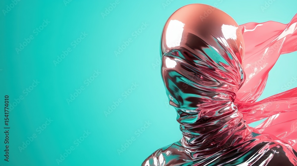 Poster an abstract figure draped in shiny, colorful materials captures attention with its unique form and t