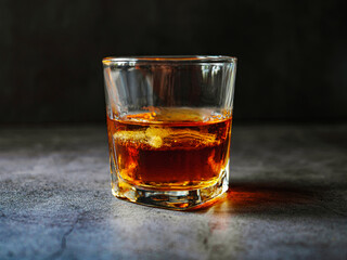 Strong alcohol drink. Whisky in glass with ice, Whisky, bourbon or cognac. Hard strong alcoholic drink