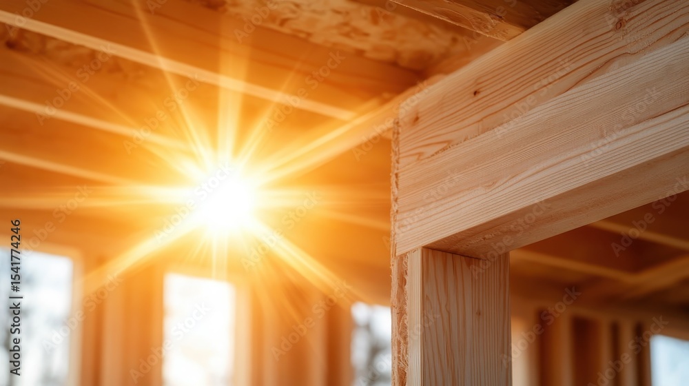 Poster sunlight streams through a wooden structure, illuminating the framework and creating a warm and invi