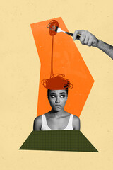 Vertical art photo image collage of happy girl guy hand hold fork macaroni spaghetti lie fake...
