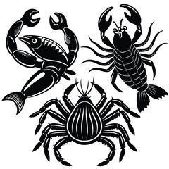 fish art, seafood black silhouette, white background,  monochrome illustration, stylized fish, seafood icon, fish set, Seafood Illustration Bundle