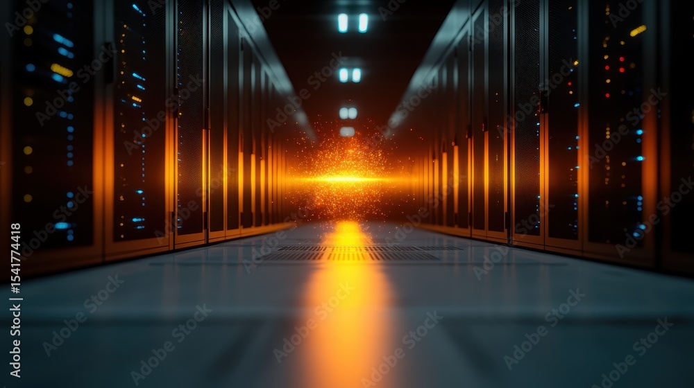 Poster a visually compelling image of a modern data center corridor, illuminated by dynamic glowing sparks,
