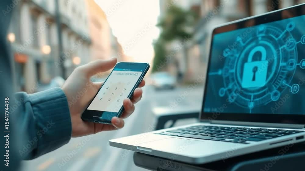 Aufkleber hand user secures their mobile device with a password, a cybersecurity data privacy authentication l