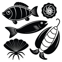 fish art, seafood black silhouette, white background,  monochrome illustration, stylized fish, seafood icon, fish set, Seafood Illustration Bundle