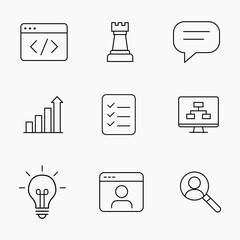 Minimal outline icons Set for Web Development and Business Strategy ideal for planning and innovation or tech design projects