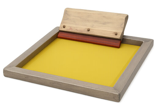 Wooden screen printing frame with yellow ink and squeegee on transparent background