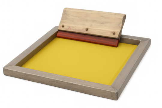 Wooden screen printing frame with yellow ink and squeegee on transparent background