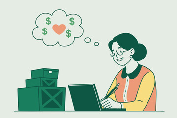 Dreaming of Financial Success Woman Planning with a Laptop and Boxes Ready for Shipment Illustration