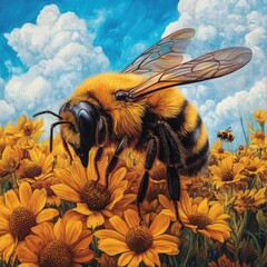 A honeybee amidst a field of golden flowers, bathed in sunlight against a vibrant blue sky