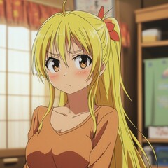 Anime girl with blonde hair, wearing an orange top, a slightly annoyed expression