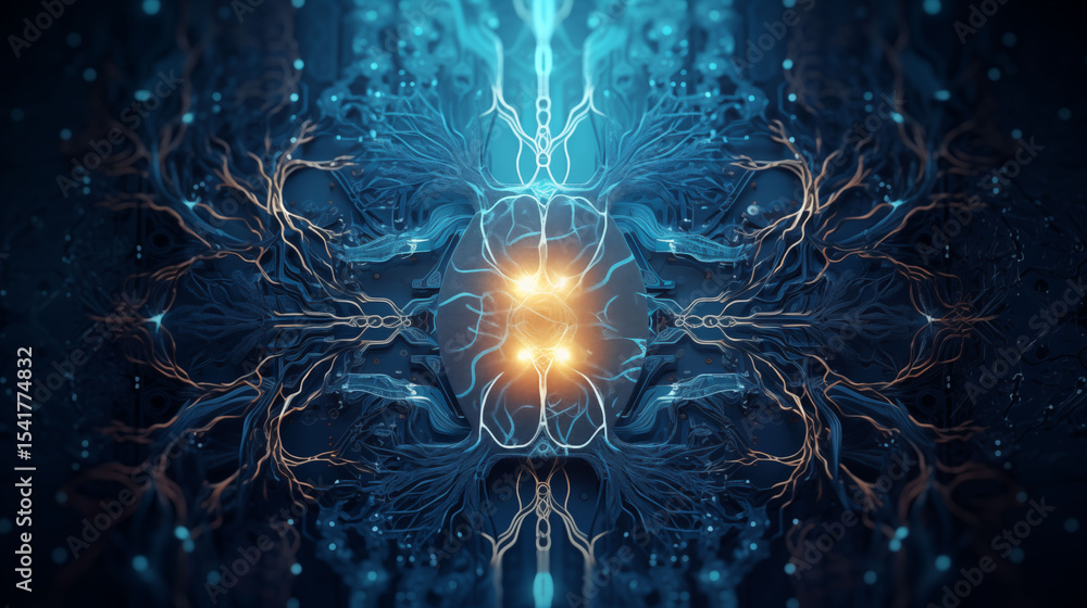 Poster fusion of biological tissue with digital circuits, bio-ai concept, futuristic and surreal background
