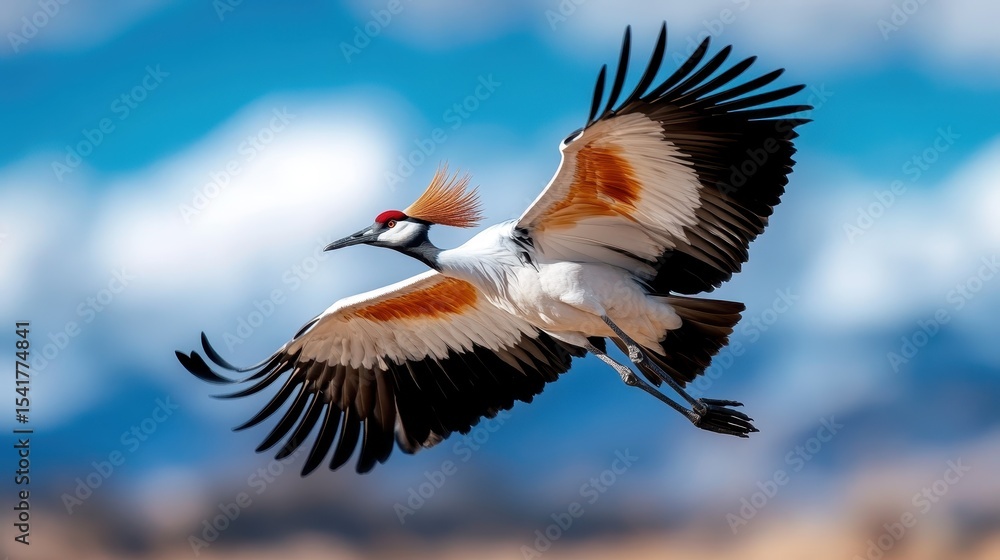 Poster a stunning view of a bird featuring a red crest soaring through a clear blue sky, showcasing its int