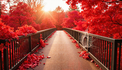 Pedestrian bridge with overgrown ivy in autumn foliage at sunset  