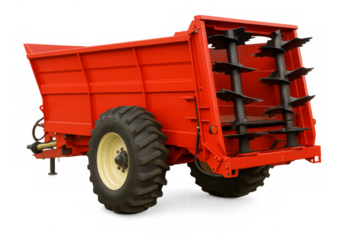 Red manure spreader distributing fertilizer on agricultural field with transparent background