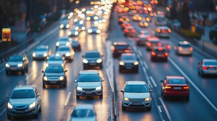 Close-up of vehicles navigating a traffic interchange during rush hour.