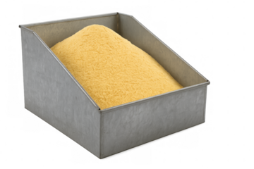 Metal container holding pile of yellow sand on transparent background