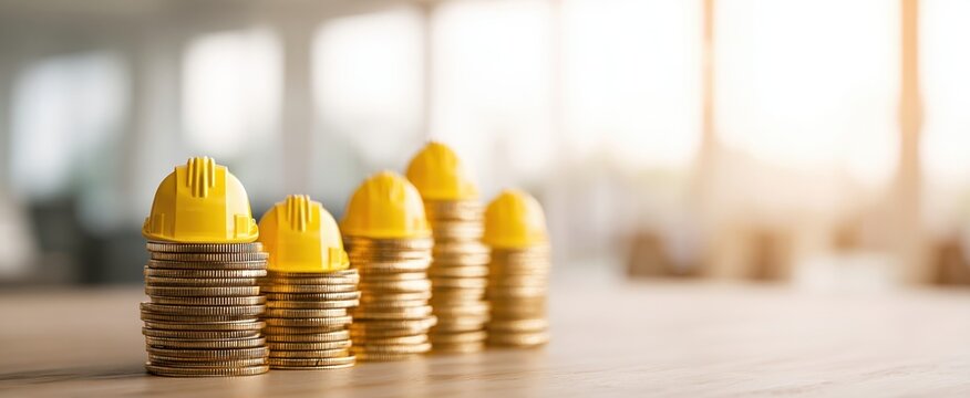 The yellow hard hats sitting atop stacks of coins represent investment in construction.