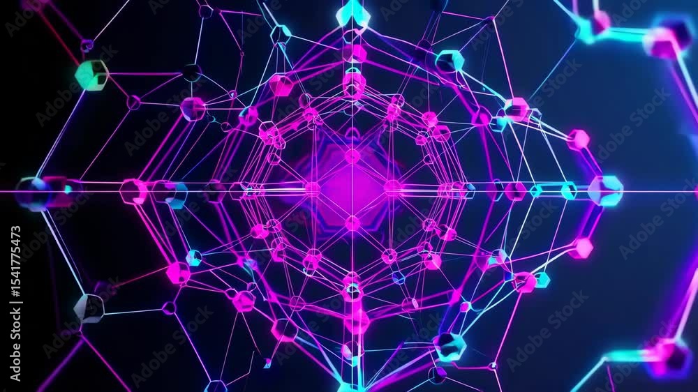 Poster abstract tech grid of semi-transparent hexagons with pink and purple nodes