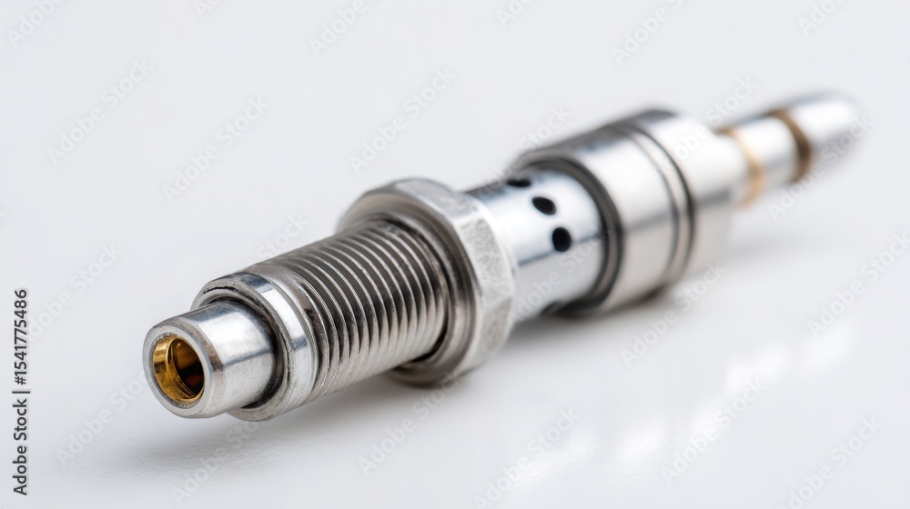 Poster small lambda sensor spacer or bypass adapter on white table, minimalistic style, technical part focu