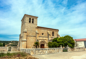 Obraz premium Historic Church of San Miguel (Romanesque and Late Gothic). Villovela de Esgueva, Burgos, Castile and Leon, Spain