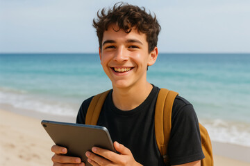 Smiling teen boy with tablet on sunny beach day