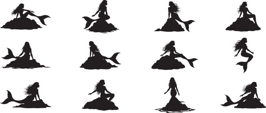 Mermaid silhouettes vector set ocean sea fantasy mythical creatures tail design illustration art print