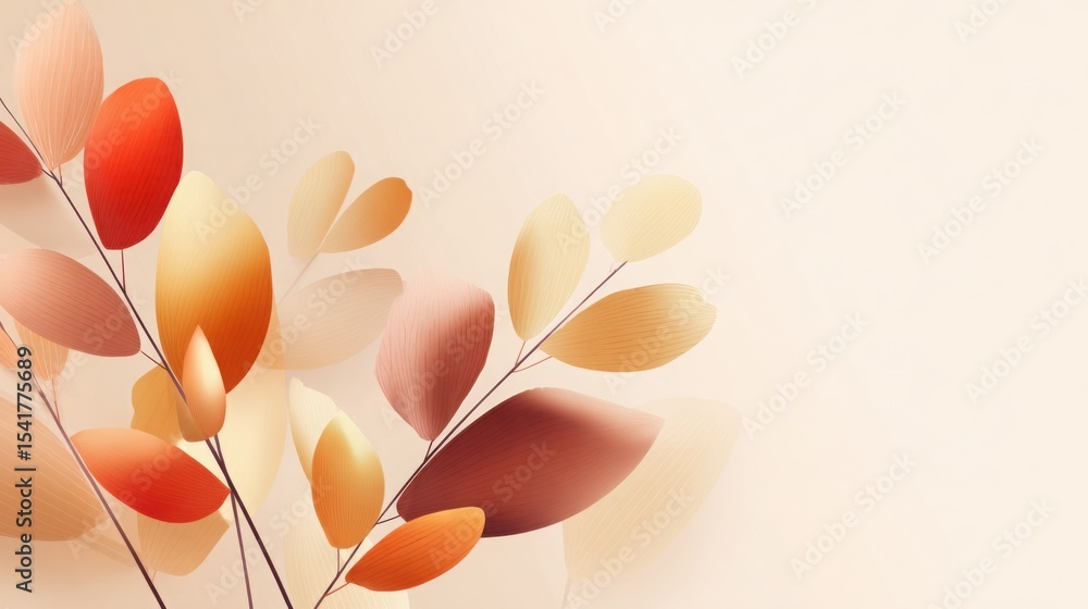 Poster smooth gradient background with stylized geometric leaves in warm autumn tones, clean lines and soft