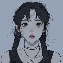 Girl with dark braids, soft features