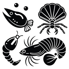 fish art, seafood black silhouette, white background,  monochrome illustration, stylized fish, seafood icon, fish set, Seafood Illustration Bundle