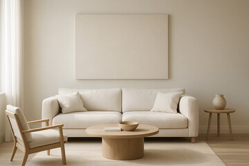 Beige Living Room Minimalist Interior Design Cream Sofa Wooden Coffee Table Neutral Decor couch