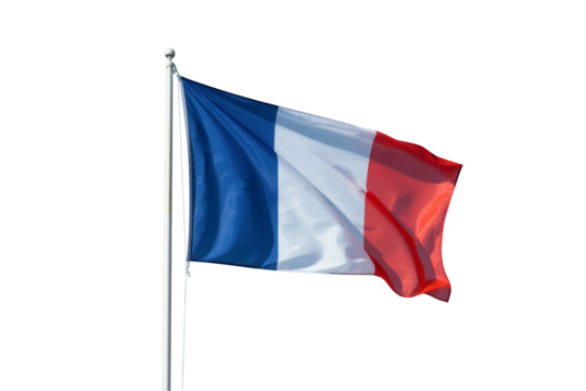 A stately photograph of the French national flag waving gently atop a silver flagpole against a clear sky, embodying national pride and identity