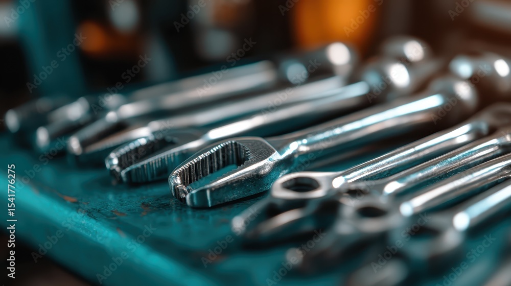 Poster an array of metallic tools is arranged neatly on a blue surface, showcasing their gleaming finishes 