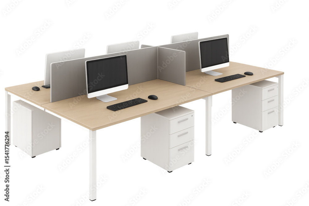 Poster modern office workstation with computers and dividers on transparent background