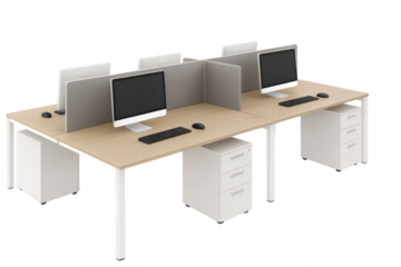 Modern office workstation with computers and dividers on transparent background
