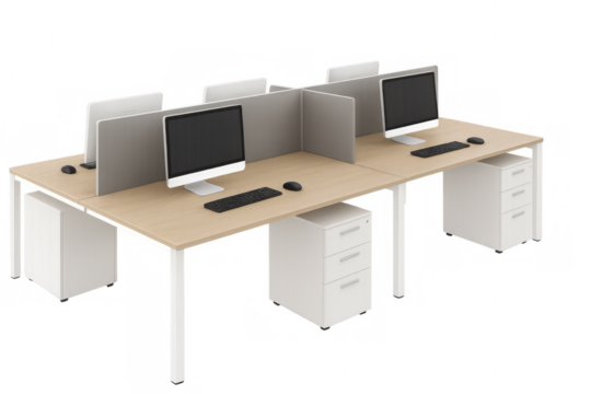 Modern office workstation with computers and dividers on transparent background