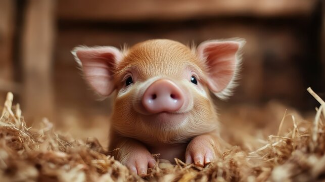 This charming image features a cute piglet peeking out from its cozy straw bedding, exuding innocence and happiness typical of young farm animals in their natural habitat. - Powered by Adobe