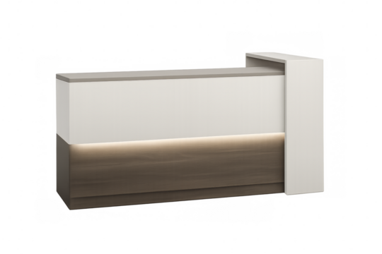 Modern reception desk with backlit panel on transparent background