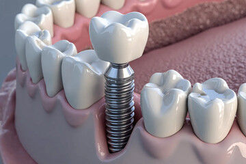 Dental implantation model close-up. Model of a tooth with an artificial titanium root.