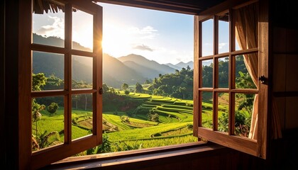  view from window at a wonderful landscape nature view with rice terraces and space