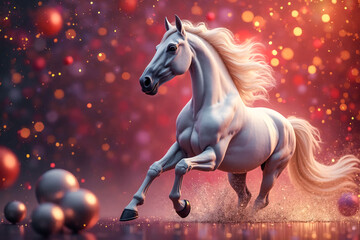 Running frisky horse on festive lightening background. Greeting card. Proud steed. Symbol of 2026 new year.