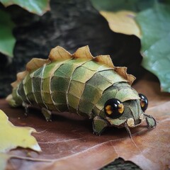 Leaf-covered creature, intricately crafted, rests on fallen leaves