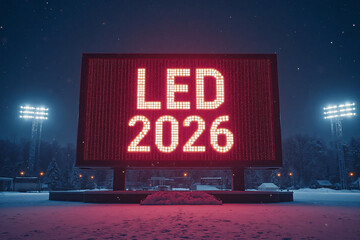 Big LED 2026 inscription on  new year board at winter city. New Year's Eve 2026.